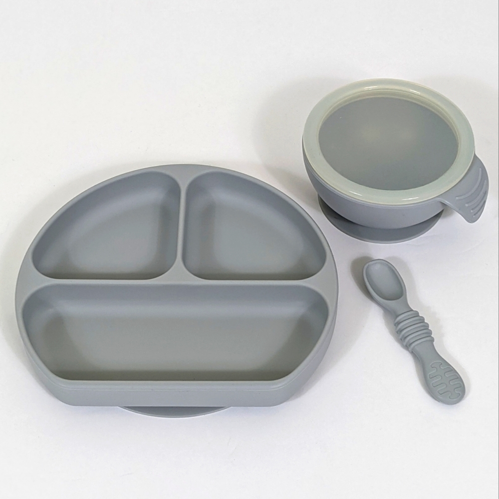 Bumkins 3 Piece Gray Silicone Baby Toddler Feeding Suction Plate Bowl and Spoon - Picture 2 of 7